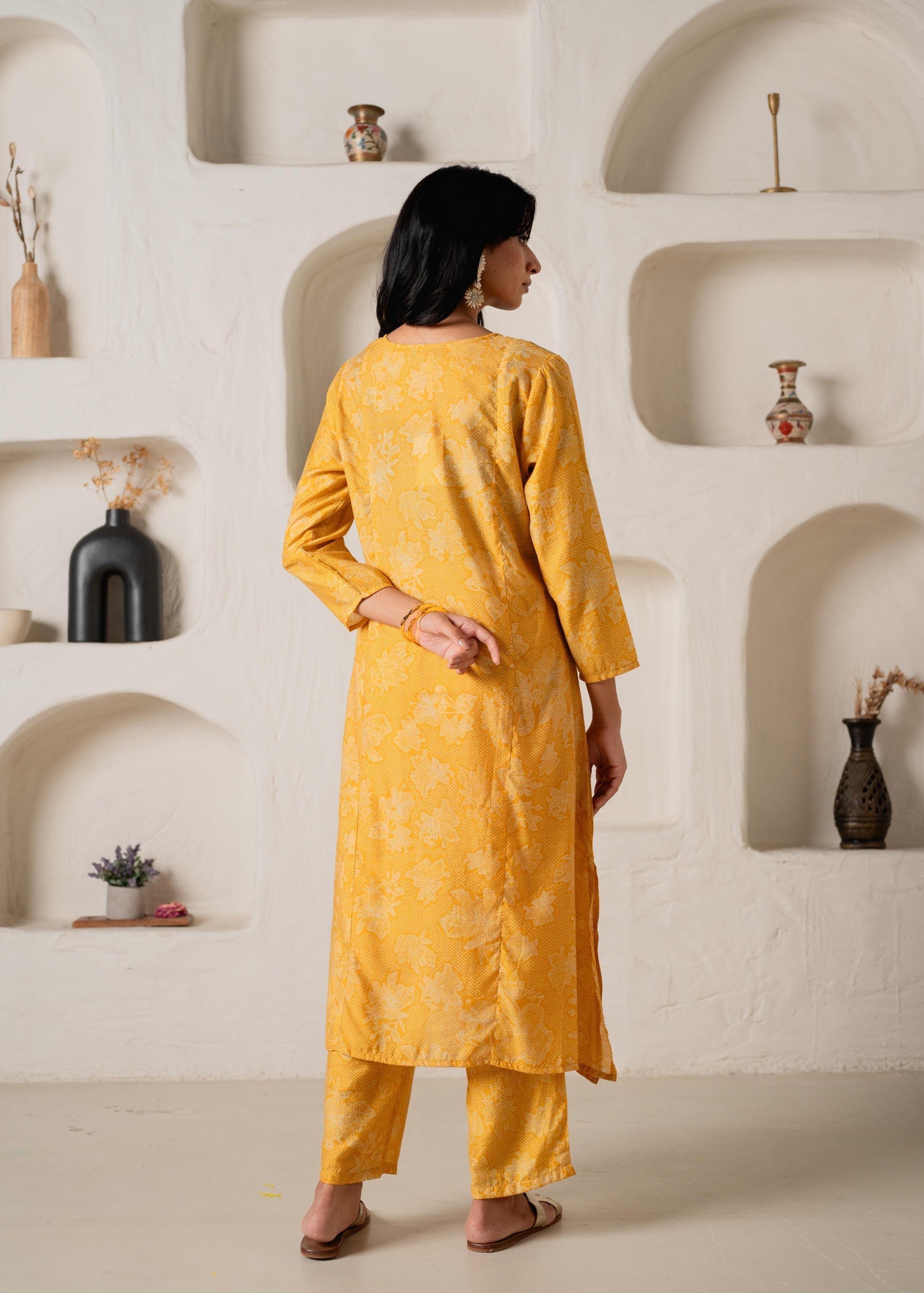 Juniper Mustard Floral Embellished A-Line Kurta Pant And Dupatta Set With Beads & Sequence Work | Grocsy