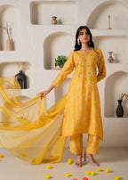 Juniper Mustard Floral Embellished A-Line Kurta Pant And Dupatta Set With Beads & Sequence Work | Grocsy