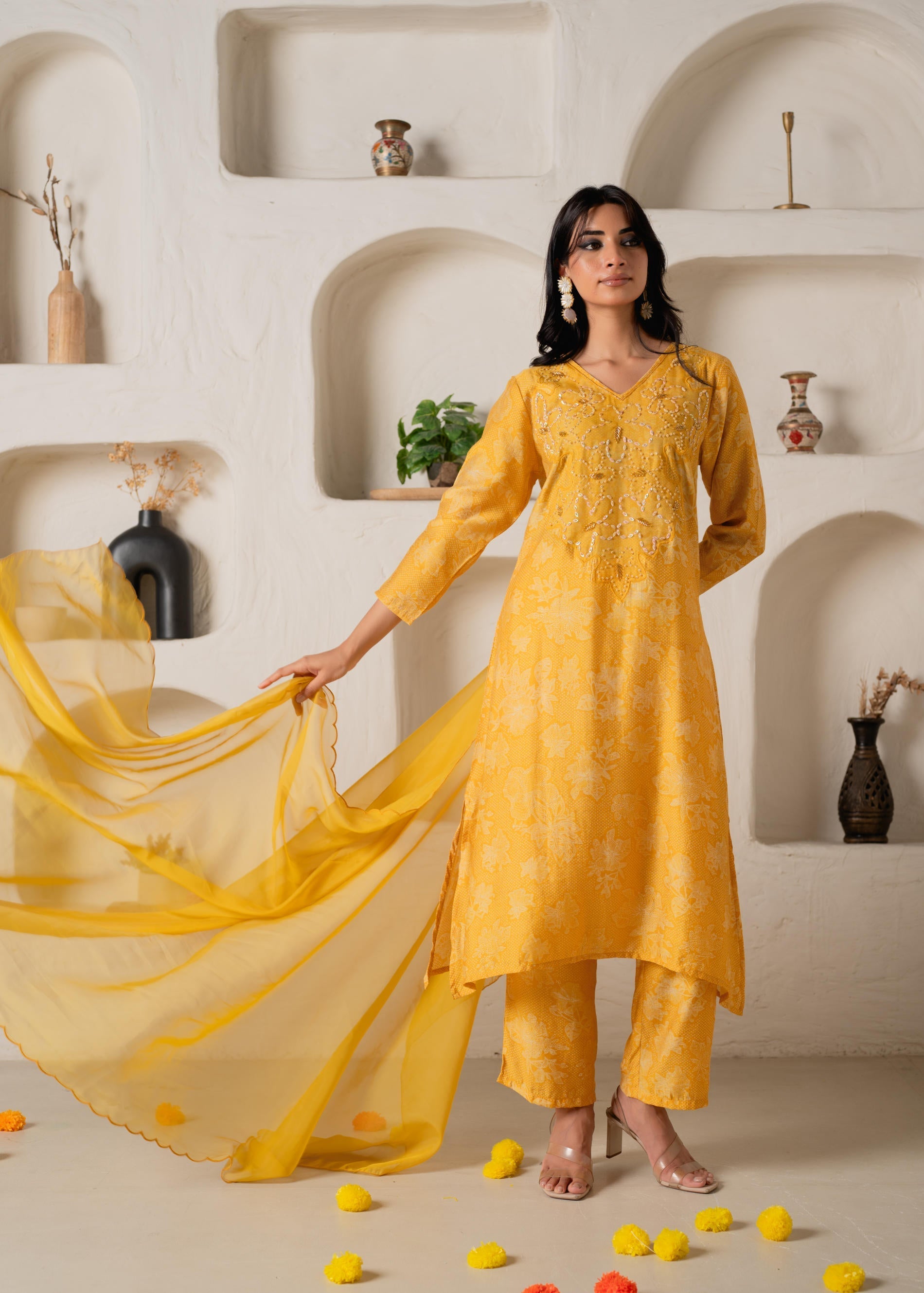 Juniper Mustard Floral Embellished A-Line Kurta Pant And Dupatta Set With Beads & Sequence Work | Grocsy