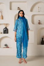 Juniper Blue Floral Embellished A-Line Kurta Pant And Dupatta Set With Beads & Sequence Work | Grocsy