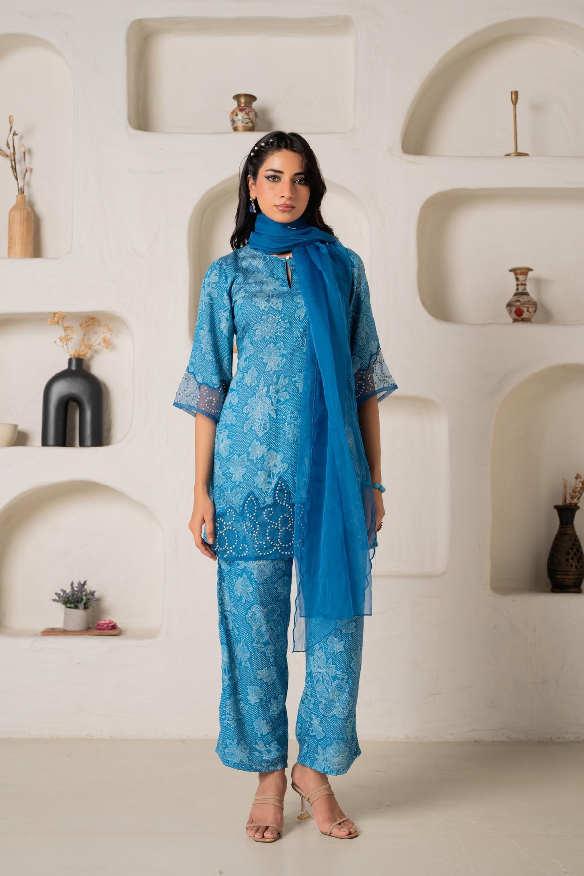 Juniper Blue Floral Embellished A-Line Kurta Pant And Dupatta Set With Beads & Sequence Work | Grocsy