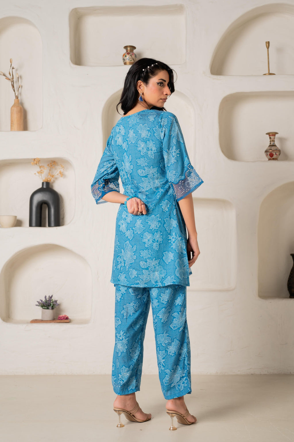 Juniper Blue Floral Embellished A-Line Kurta Pant And Dupatta Set With Beads & Sequence Work | Grocsy