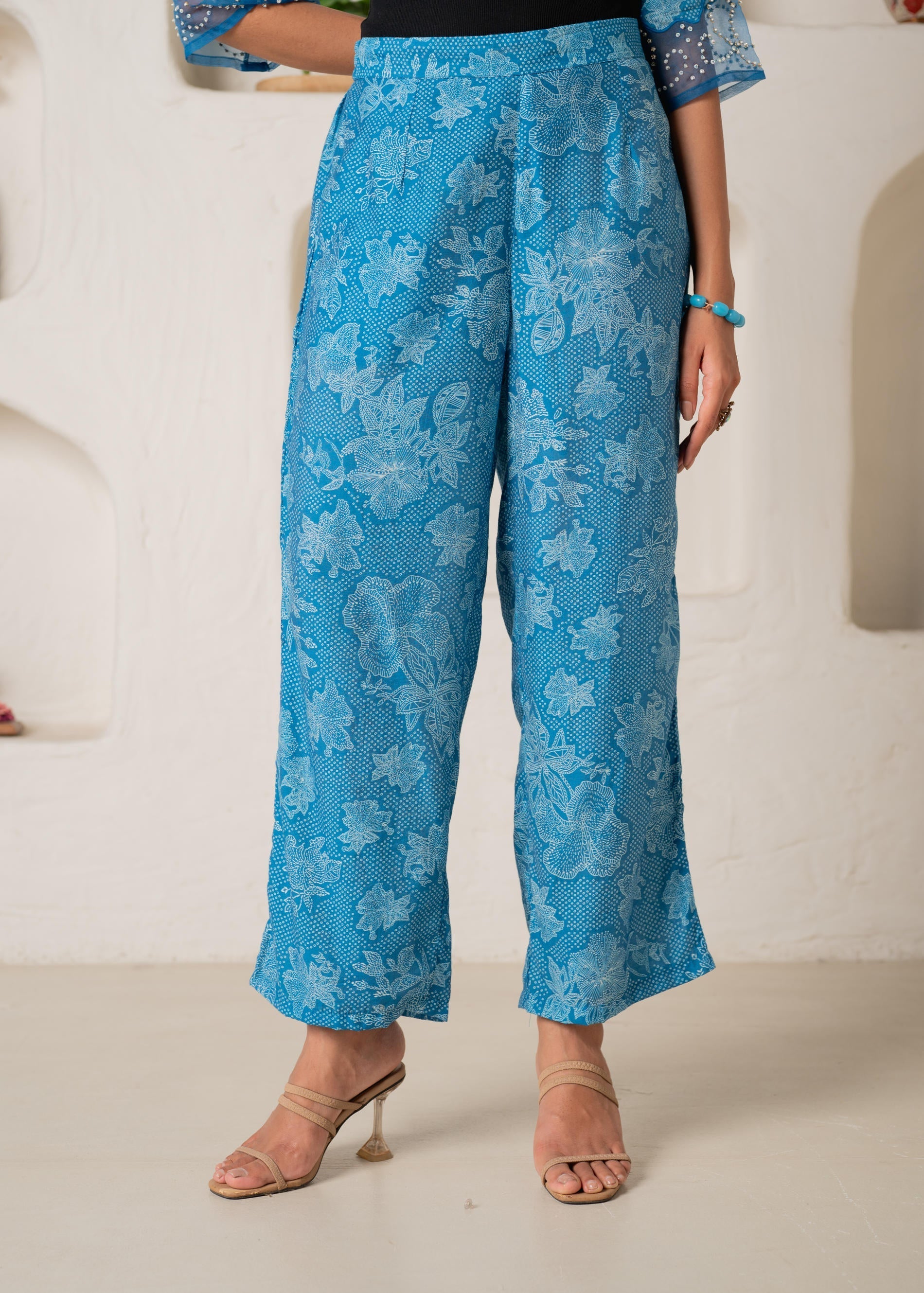 Juniper Blue Floral Embellished A-Line Kurta Pant And Dupatta Set With Beads & Sequence Work | Grocsy