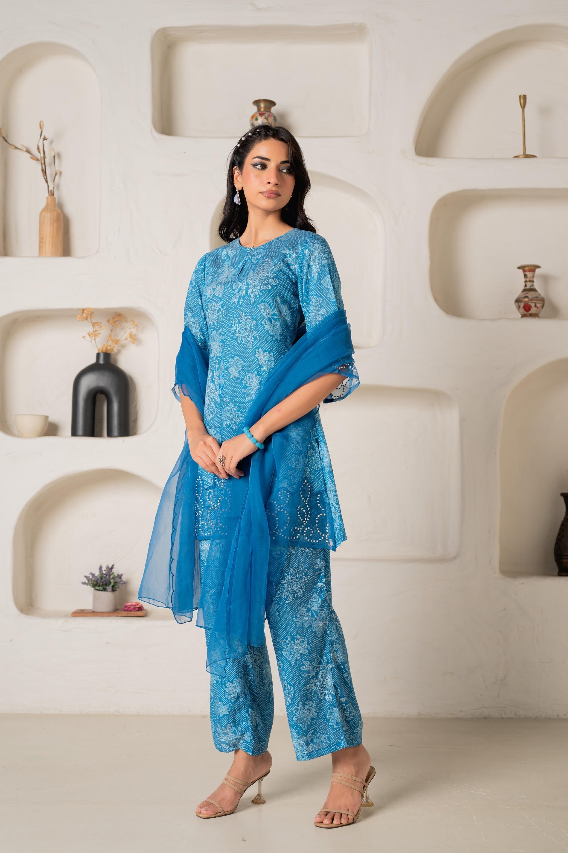 Juniper Blue Floral Embellished A-Line Kurta Pant And Dupatta Set With Beads & Sequence Work | Grocsy