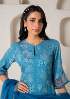 Juniper Blue Floral Embellished A-Line Kurta Pant And Dupatta Set With Beads & Sequence Work | Grocsy