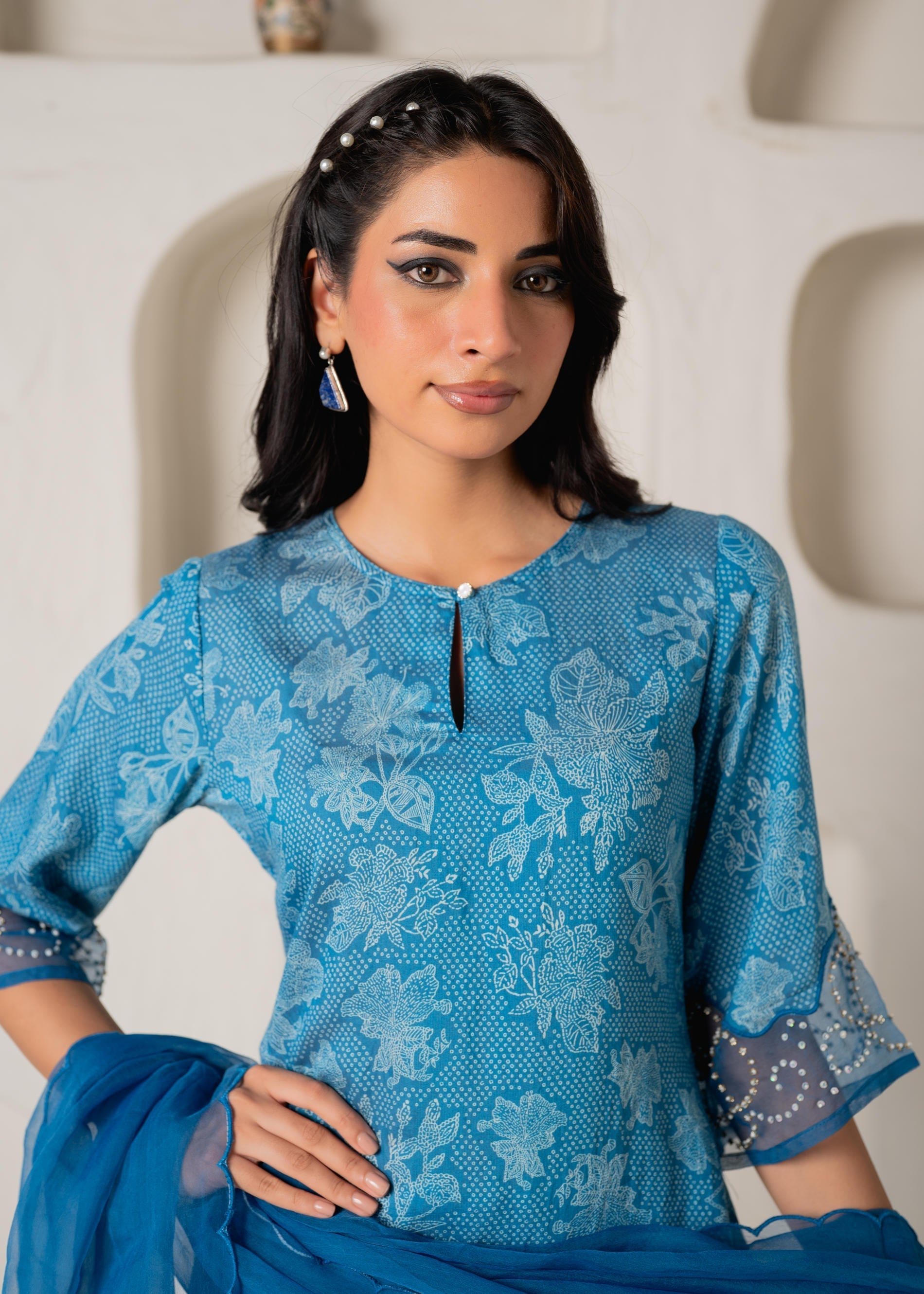 Juniper Blue Floral Embellished A-Line Kurta Pant And Dupatta Set With Beads & Sequence Work | Grocsy