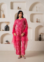 Juniper Fuchsia Floral Embellished A-Line Kurta Pant And Dupatta Set With Beads & Sequence Work | Grocsy