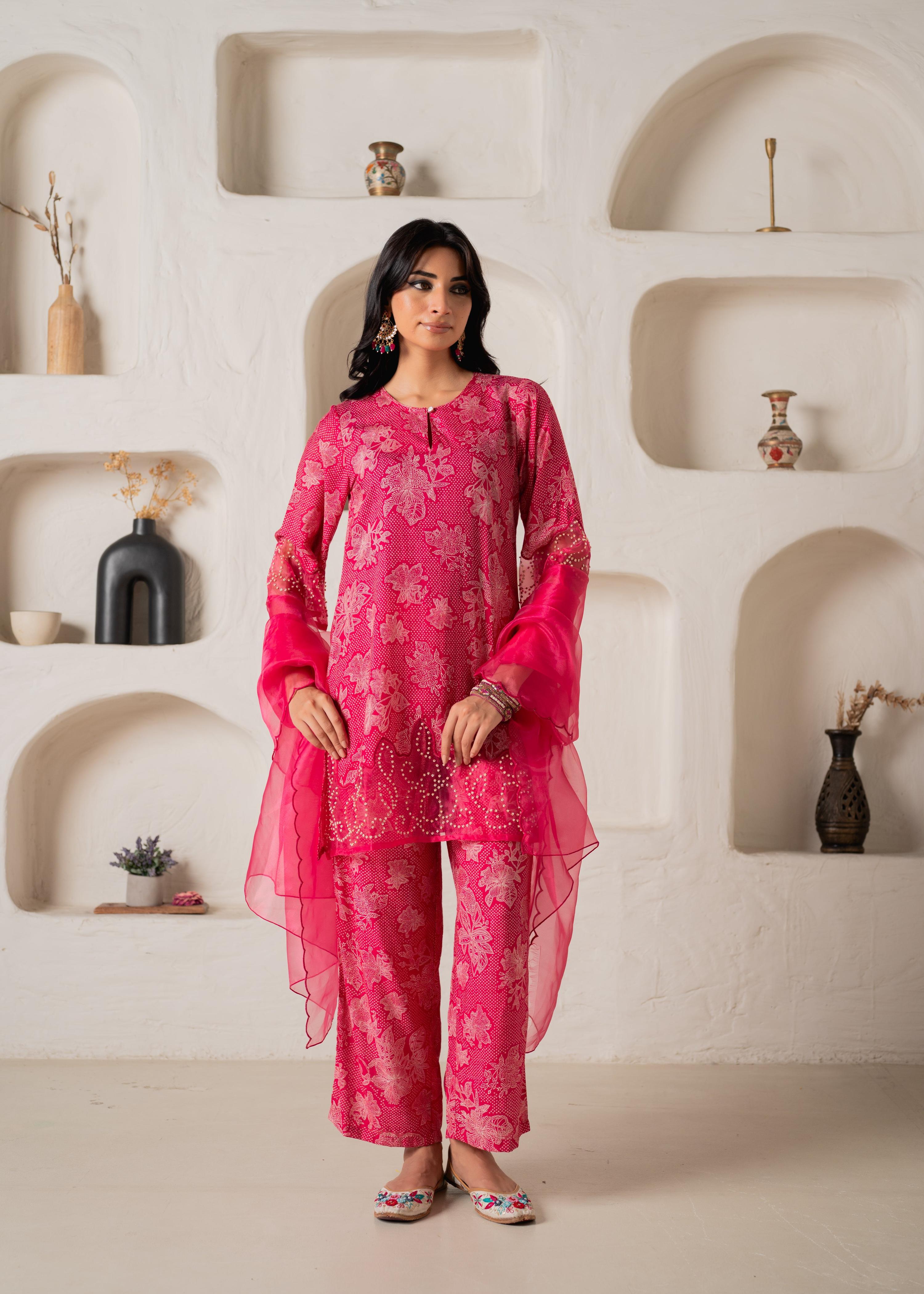 Juniper Pink Floral Embellished A-Line Kurta Pant And Dupatta Set With Beads & Sequence Work | Grocsy