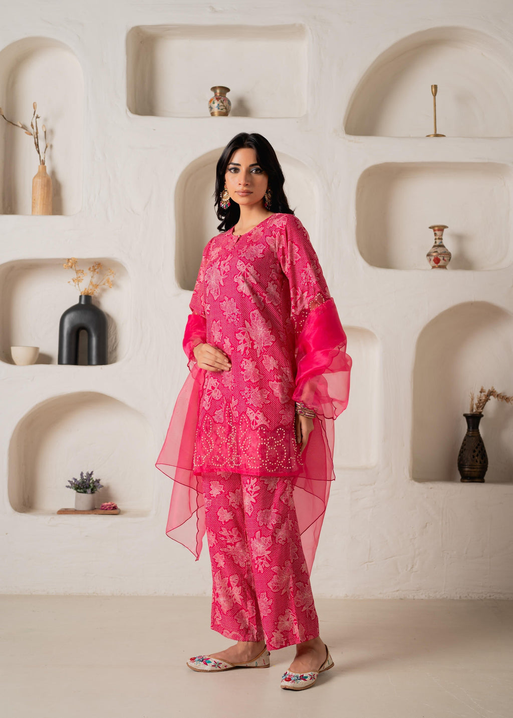 Juniper Fuchsia Floral Embellished A-Line Kurta Pant And Dupatta Set With Beads & Sequence Work | Grocsy
