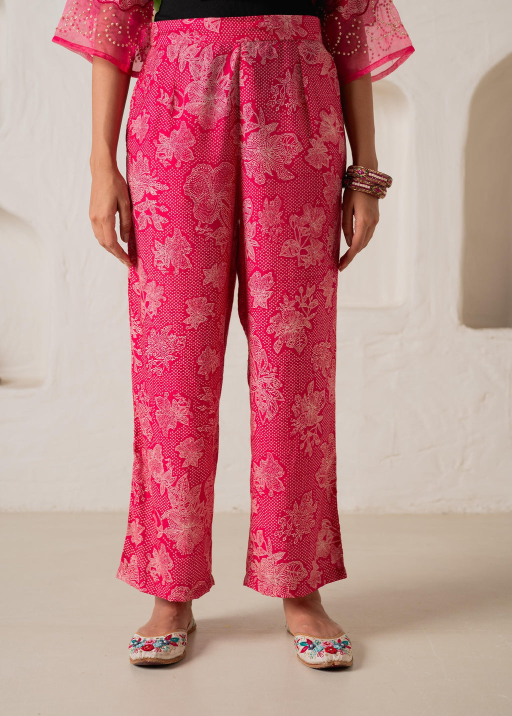 Juniper Fuchsia Floral Embellished A-Line Kurta Pant And Dupatta Set With Beads & Sequence Work | Grocsy