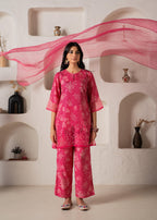 Juniper Fuchsia Floral Embellished A-Line Kurta Pant And Dupatta Set With Beads & Sequence Work | Grocsy