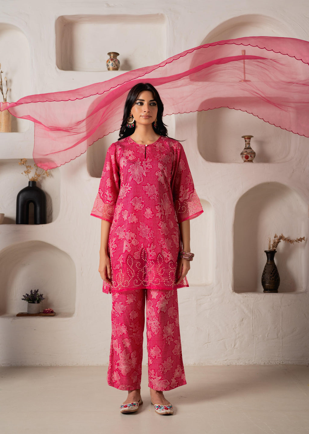 Juniper Pink Floral Embellished A-Line Kurta Pant And Dupatta Set With Beads & Sequence Work | Grocsy