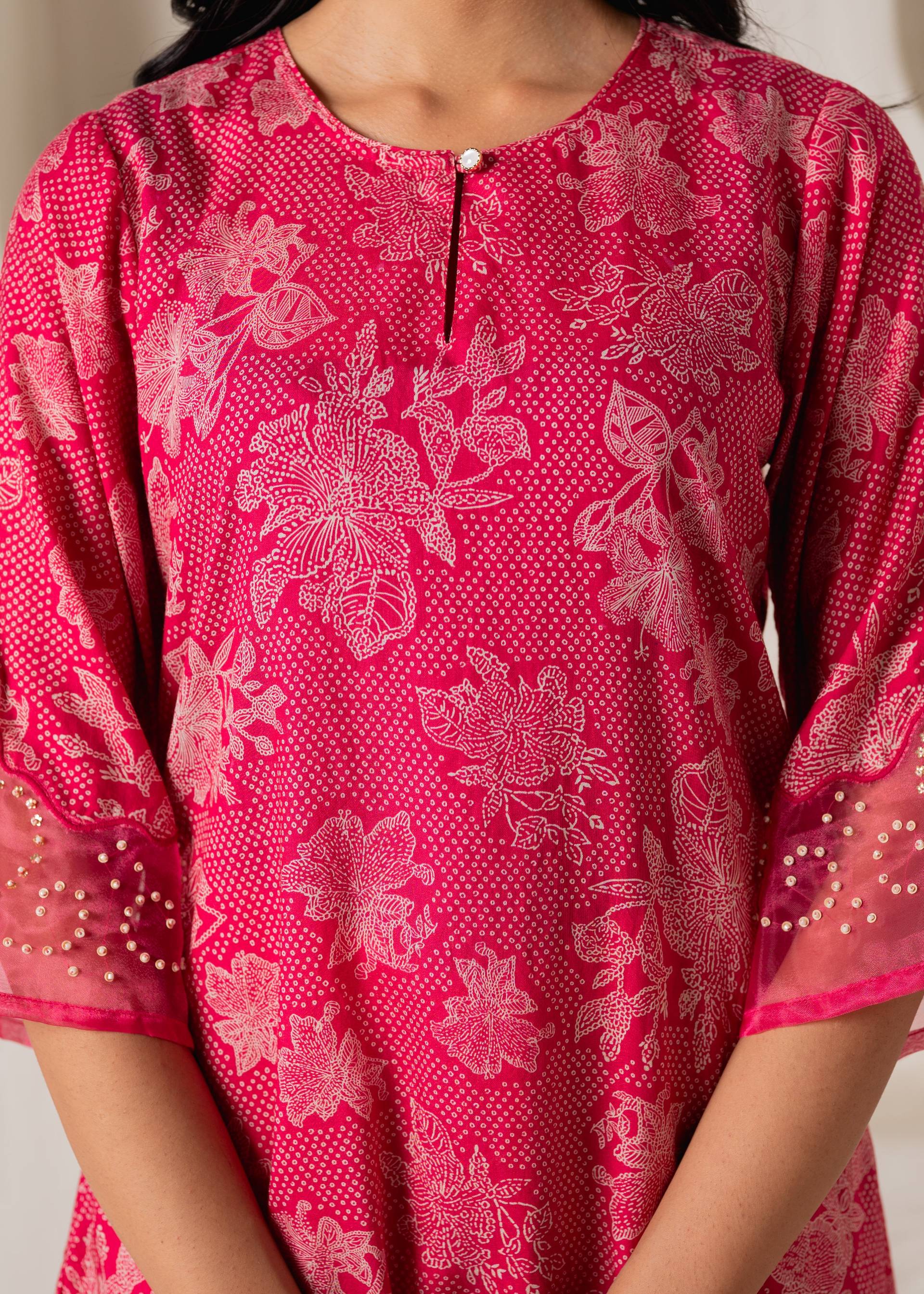 Juniper Pink Floral Embellished A-Line Kurta Pant And Dupatta Set With Beads & Sequence Work | Grocsy