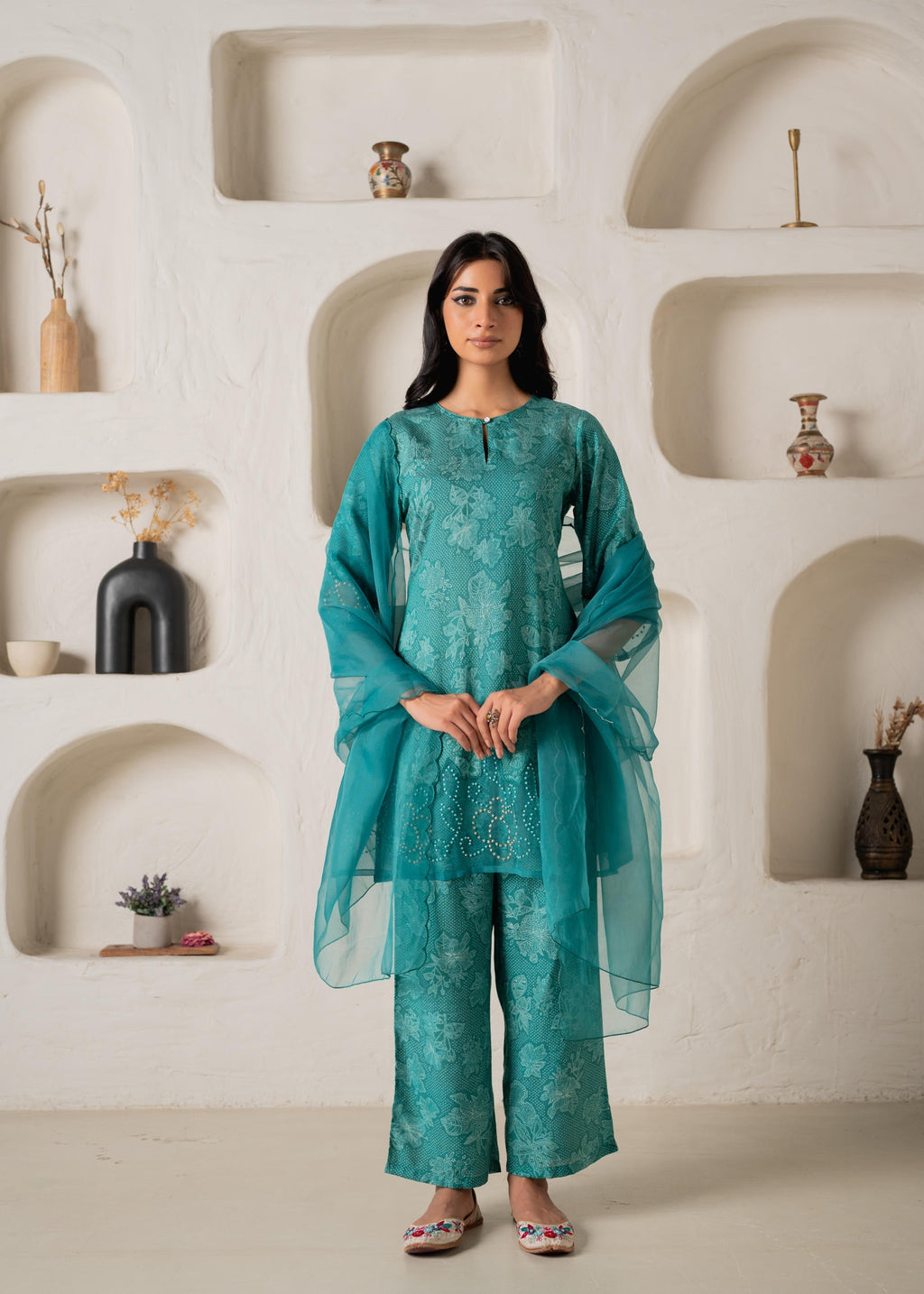 Juniper Green Floral Embellished A-Line Kurta Pant And Dupatta Set With Beads & Sequence Work | Grocsy