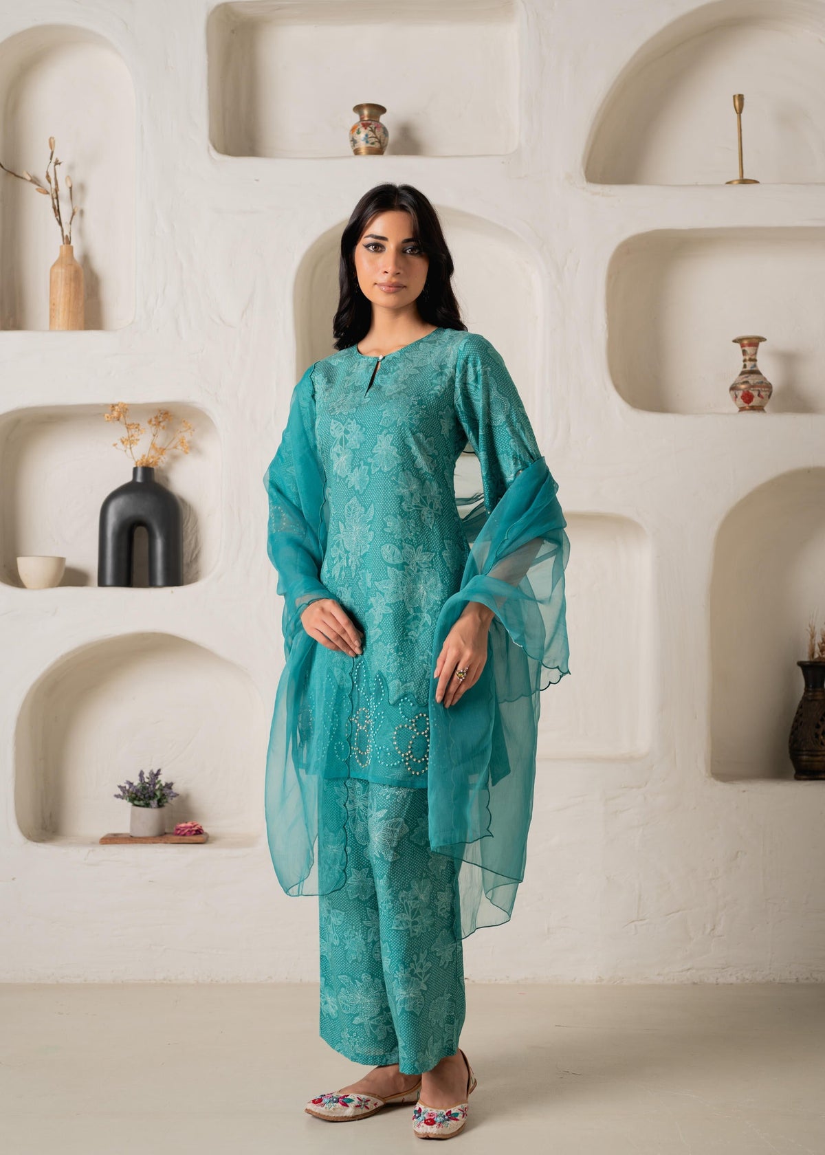 Juniper Green Floral Embellished A-Line Kurta Pant And Dupatta Set With Beads & Sequence Work | Grocsy