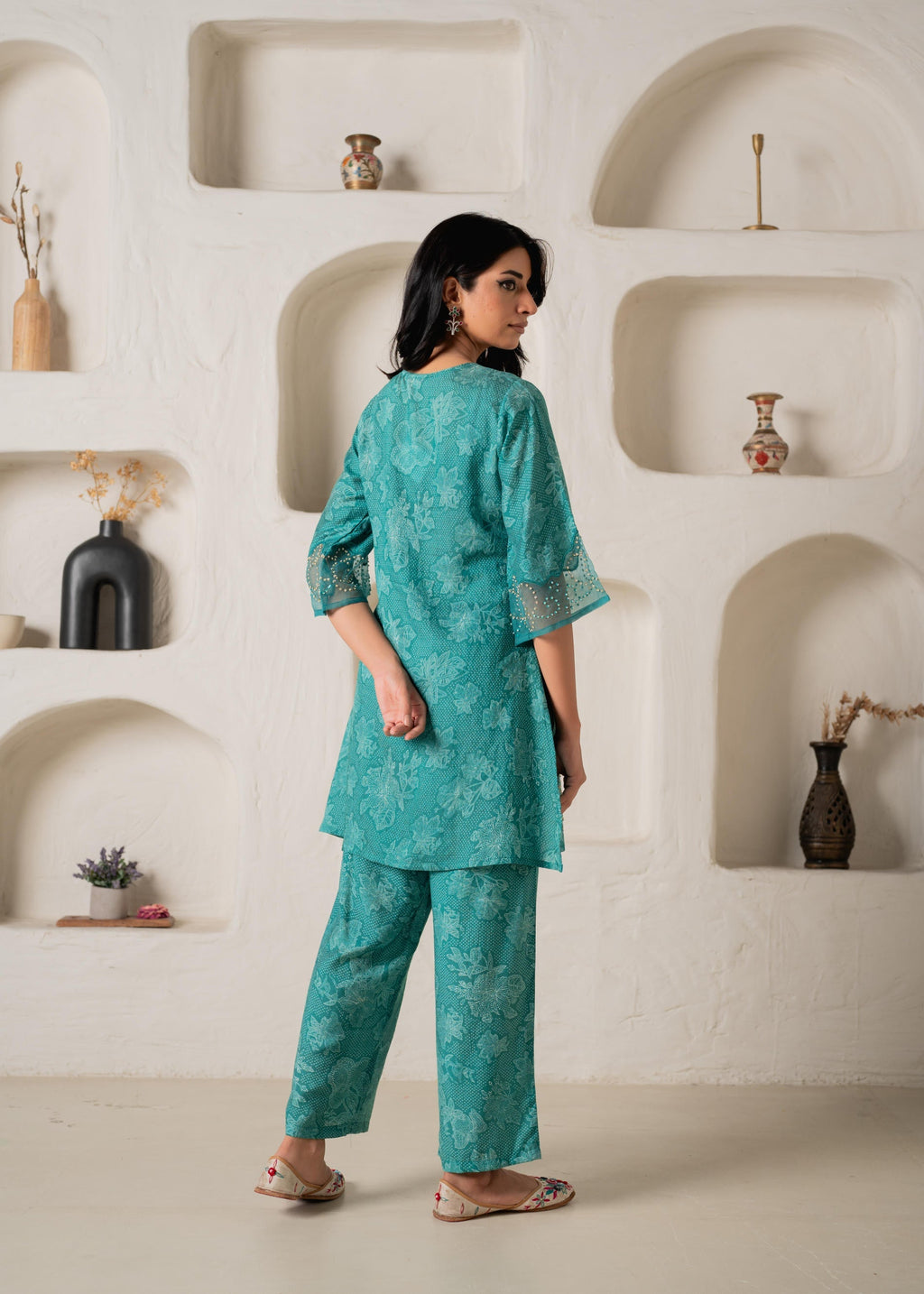 Juniper Green Floral Embellished A-Line Kurta Pant And Dupatta Set With Beads & Sequence Work | Grocsy