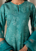Juniper Green Floral Embellished A-Line Kurta Pant And Dupatta Set With Beads & Sequence Work | Grocsy