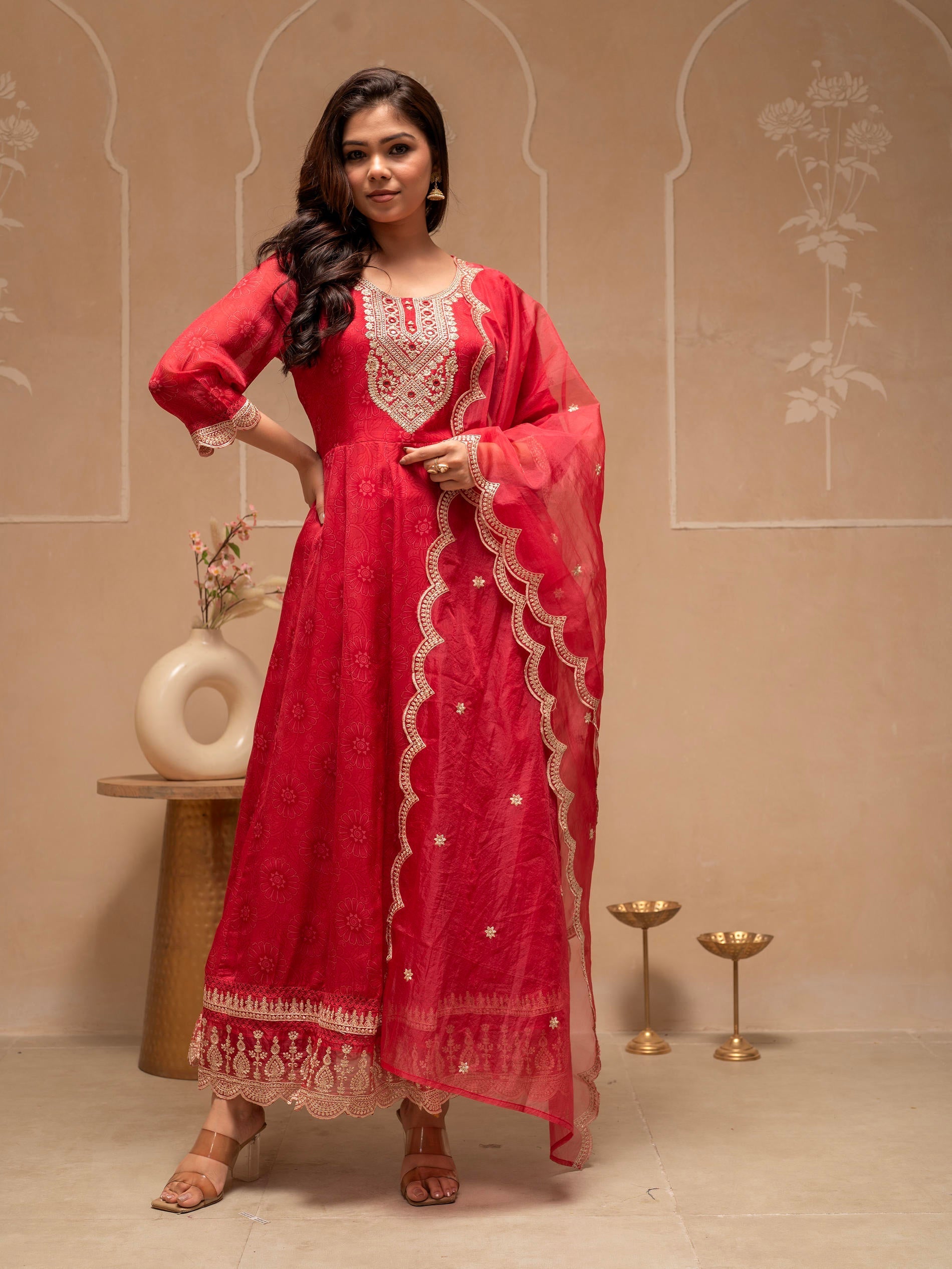 Juniper Red Floral Viscose Kurta, Pants And Dupatta Set With Mirror, Thread Work And Sequence | Grocsy