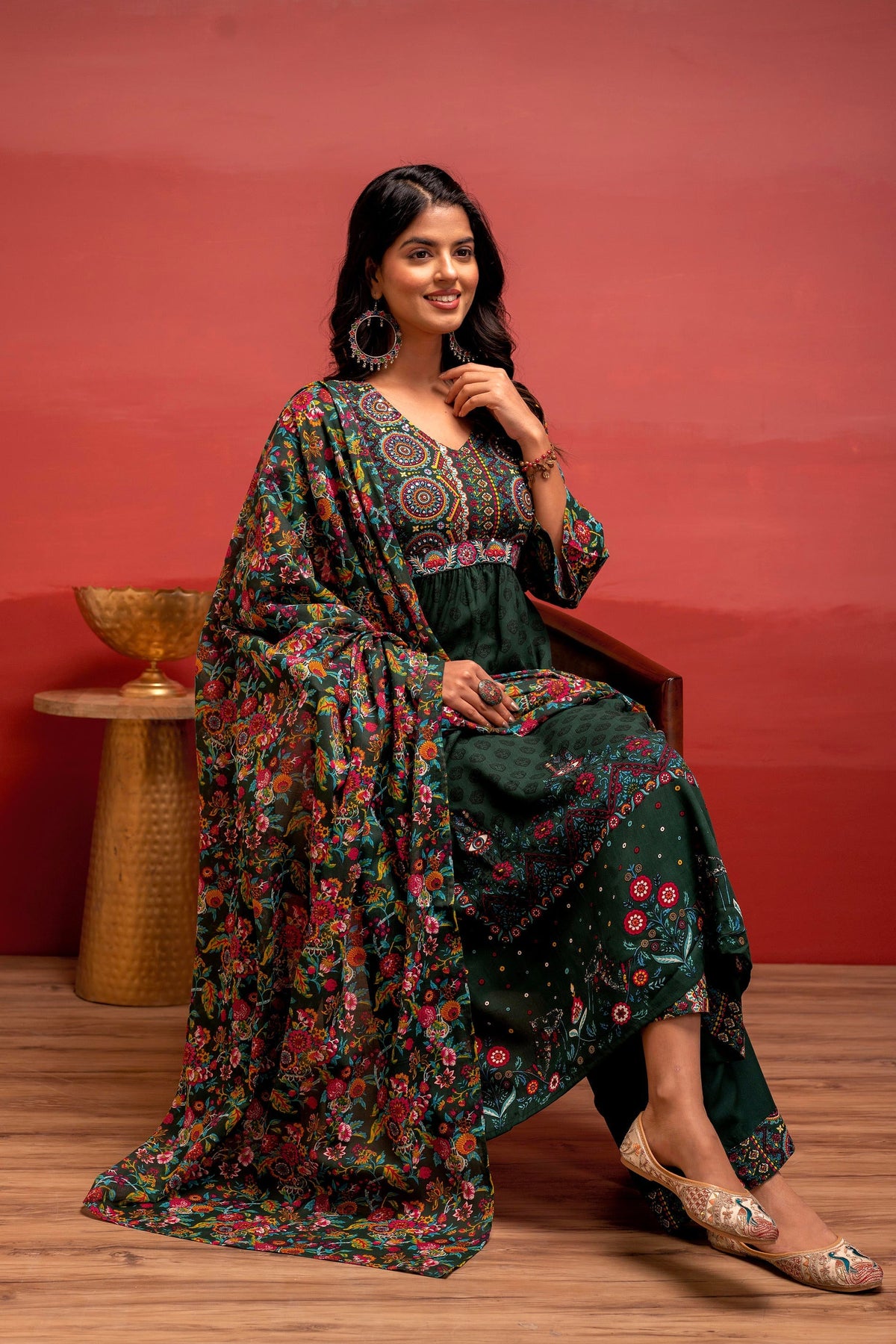 Juniper Bottle Green Floral Viscose Kurta Pant Dupatta Set With Thread Work And Sequence | Grocsy