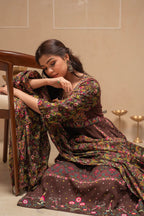 Juniper Brown Floral Viscose Kurta Pant Dupatta Set With Thread Work And Sequence | Grocsy