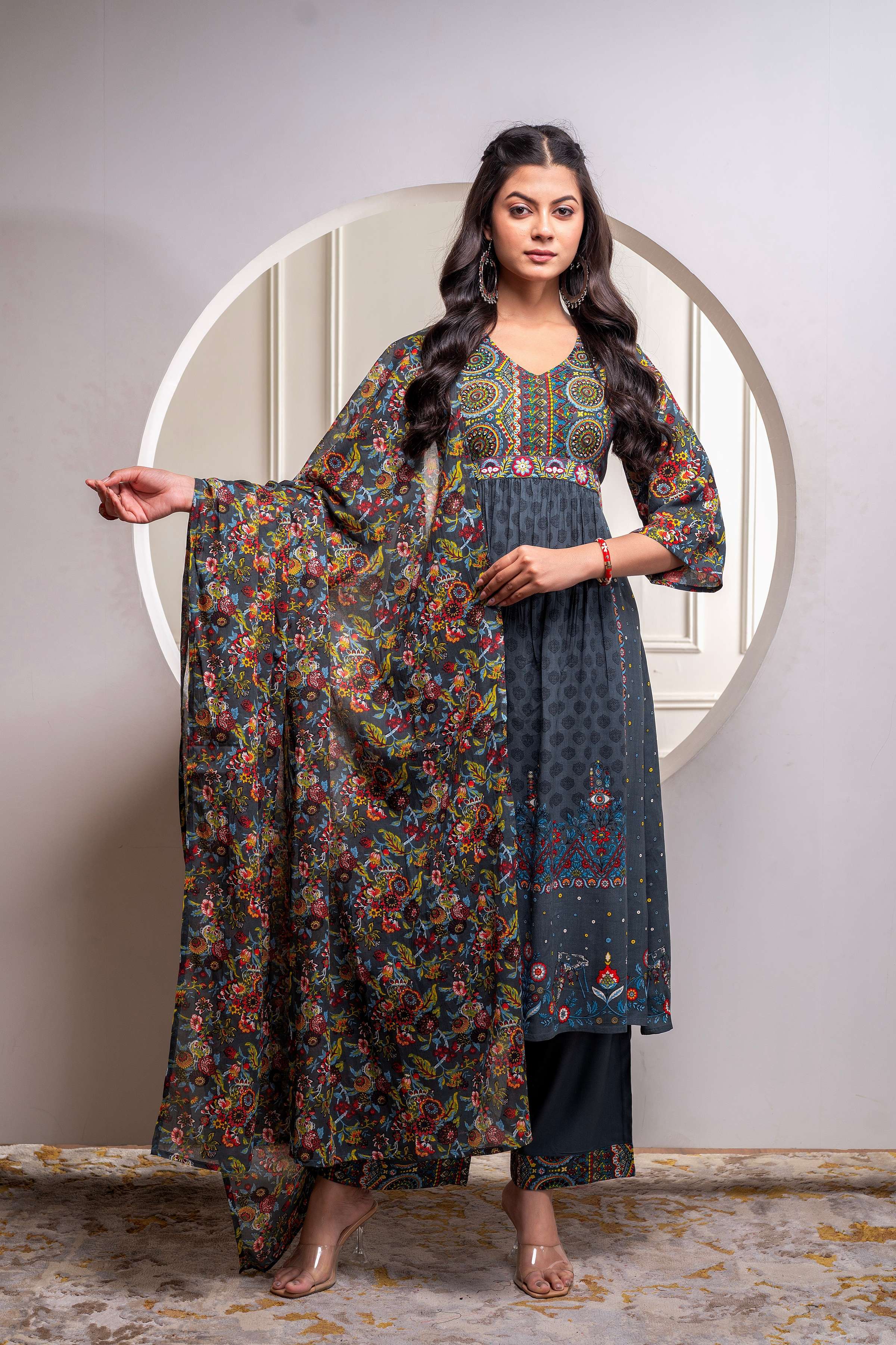 Juniper Grey Floral Viscose Kurta Pant Dupatta Set With Thread Work And Sequence | Grocsy