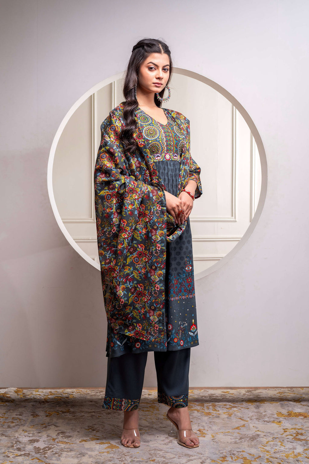 Juniper Grey Floral Viscose Kurta Pant Dupatta Set With Thread Work And Sequence | Grocsy