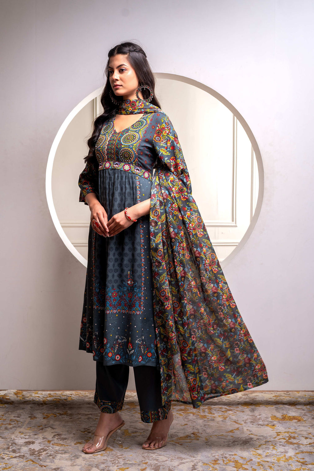 Juniper Grey Floral Viscose Kurta Pant Dupatta Set With Thread Work And Sequence | Grocsy