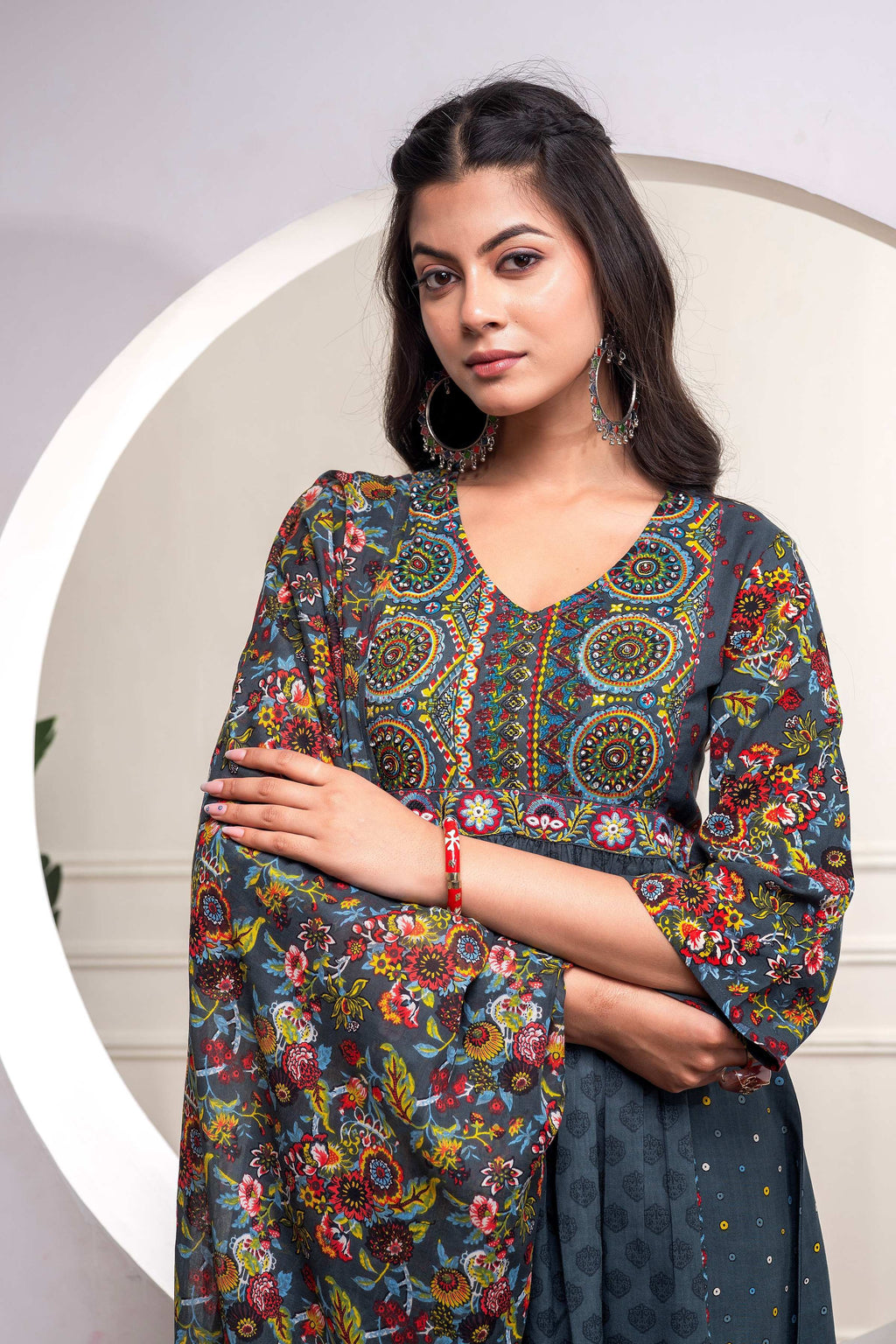 Juniper Grey Floral Viscose Kurta Pant Dupatta Set With Thread Work And Sequence | Grocsy