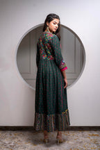 Juniper Viscose Bottle Green Embroidered Long Dress And Shrug Set With Thread, Mirror Work & Beads | Grocsy