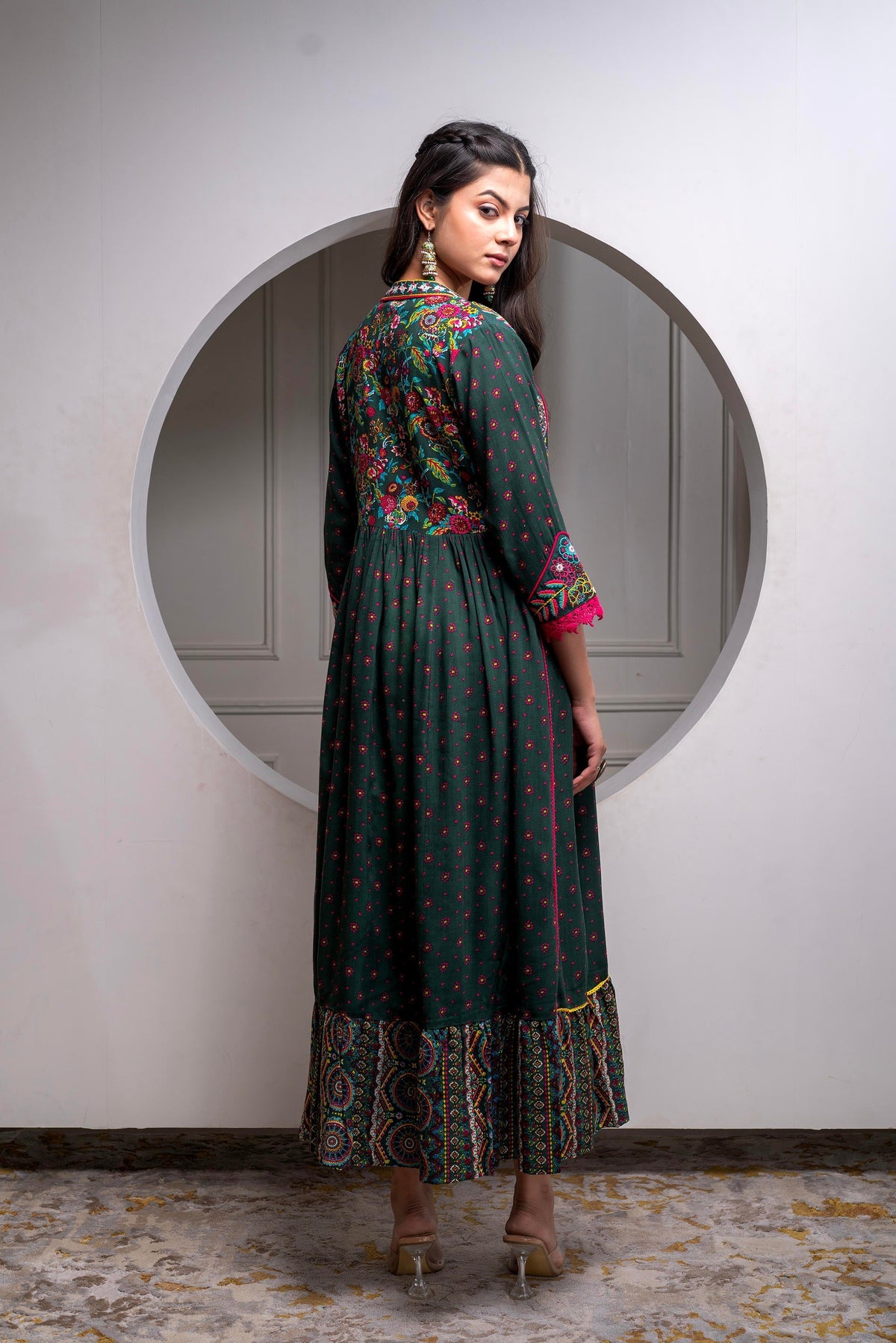 Juniper Viscose Bottle Green Embroidered Long Dress And Shrug Set With Thread, Mirror Work & Beads | Grocsy