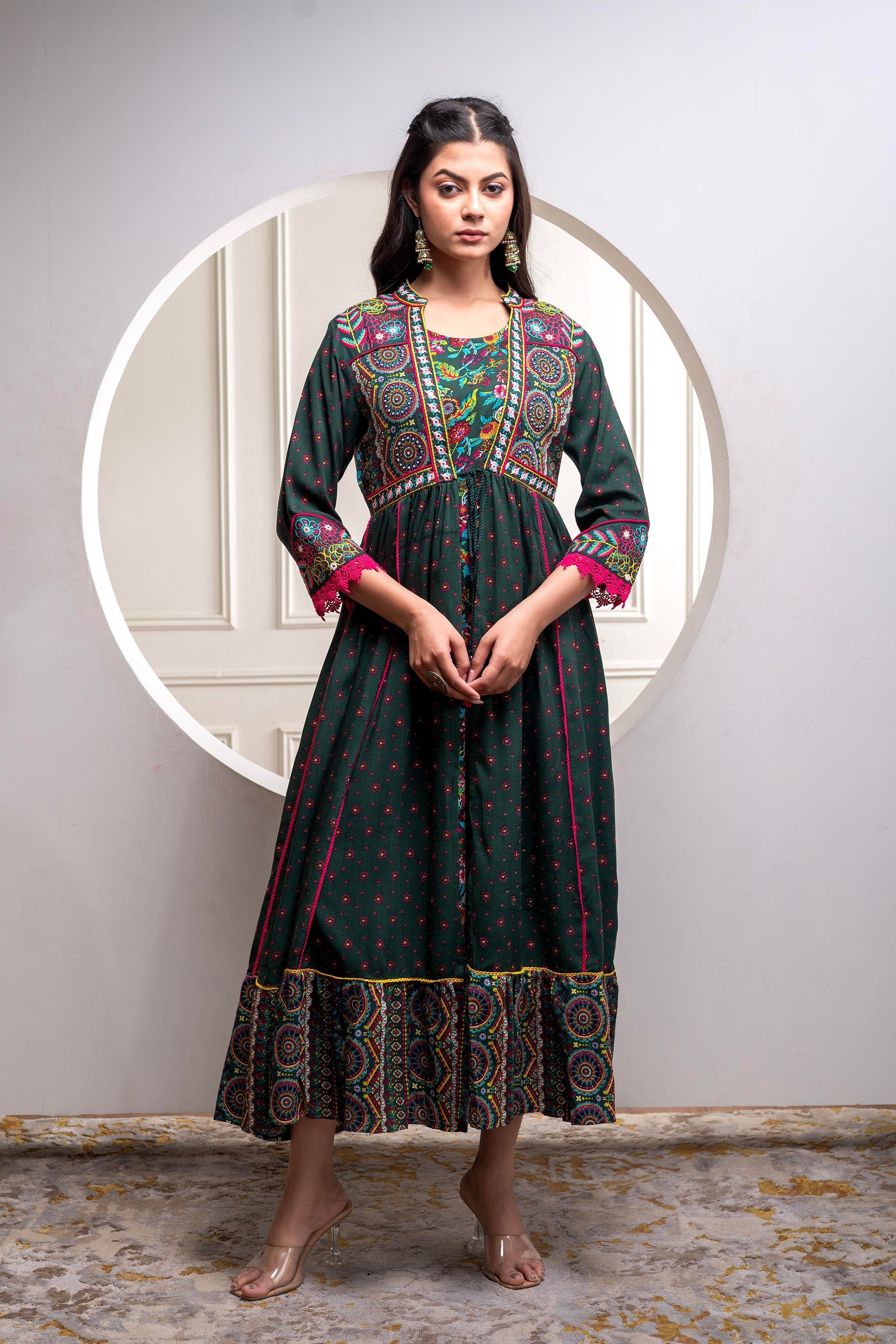 Juniper Viscose Bottle Green Embroidered Long Dress And Shrug Set With Thread, Mirror Work & Beads | Grocsy