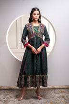 Juniper Viscose Bottle Green Embroidered Long Dress And Shrug Set With Thread, Mirror Work & Beads | Grocsy