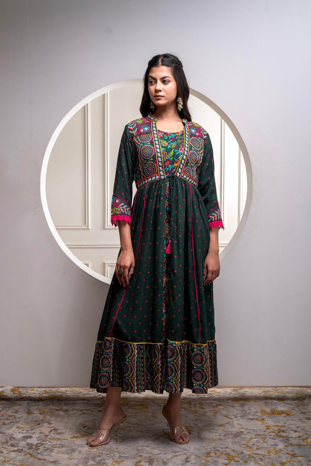 Juniper Viscose Bottle Green Embroidered Long Dress And Shrug Set With Thread, Mirror Work & Beads | Grocsy