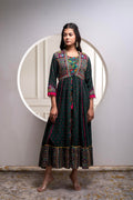 Juniper Viscose Bottle Green Embroidered Long Dress And Shrug Set With Thread, Mirror Work & Beads | Grocsy