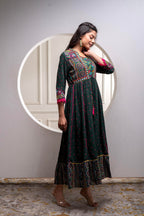 Juniper Viscose Bottle Green Embroidered Long Dress And Shrug Set With Thread, Mirror Work & Beads | Grocsy