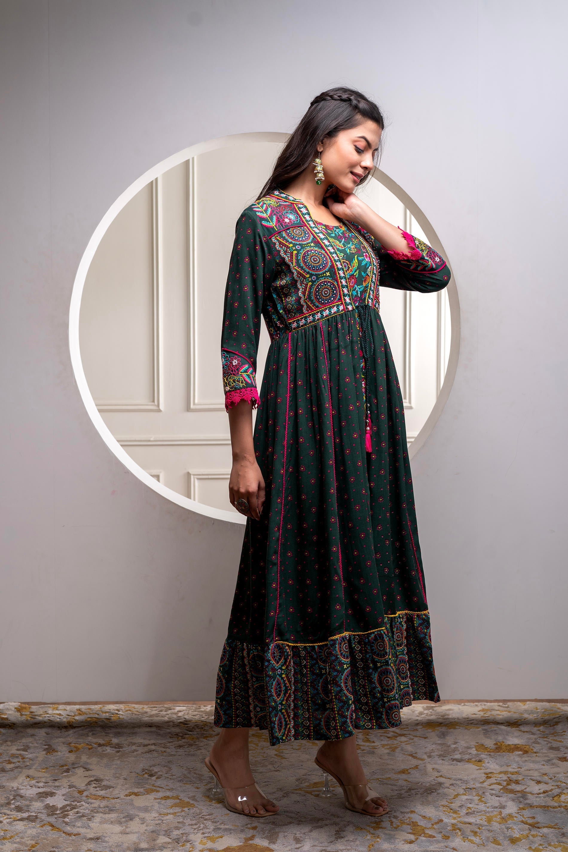Juniper Viscose Bottle Green Embroidered Long Dress And Shrug Set With Thread, Mirror Work & Beads | Grocsy