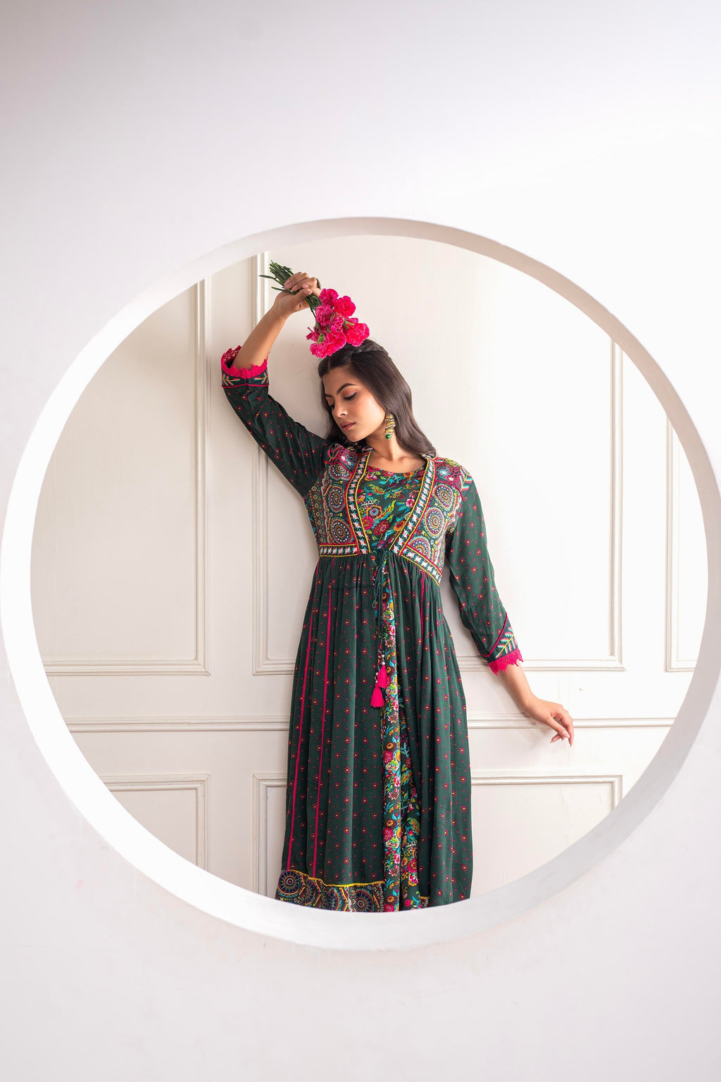Juniper Viscose Bottle Green Embroidered Long Dress And Shrug Set With Thread, Mirror Work & Beads | Grocsy