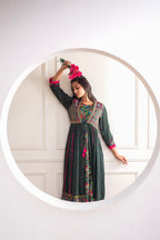 Juniper Viscose Bottle Green Embroidered Long Dress And Shrug Set With Thread, Mirror Work & Beads | Grocsy