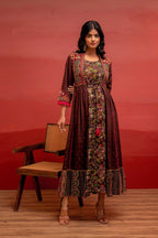 Juniper Viscose Brown Embroidered Long Dress And Shrug Set With Thread, Mirror Work & Beads | Grocsy
