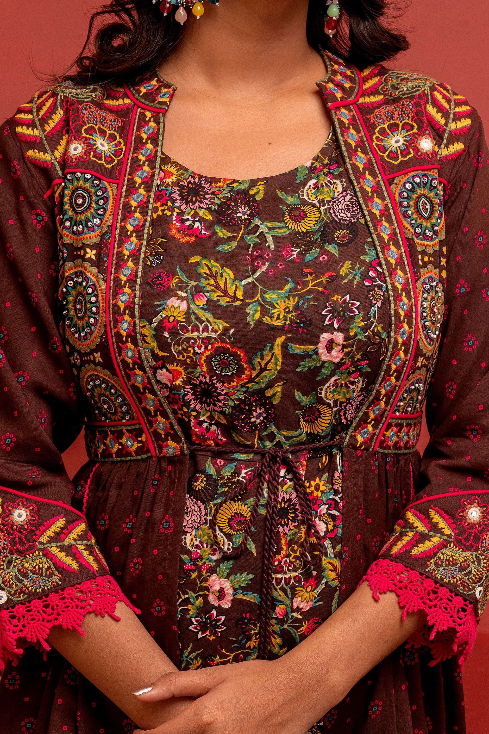 Juniper Viscose Brown Embroidered Long Dress And Shrug Set With Thread, Mirror Work & Beads | Grocsy