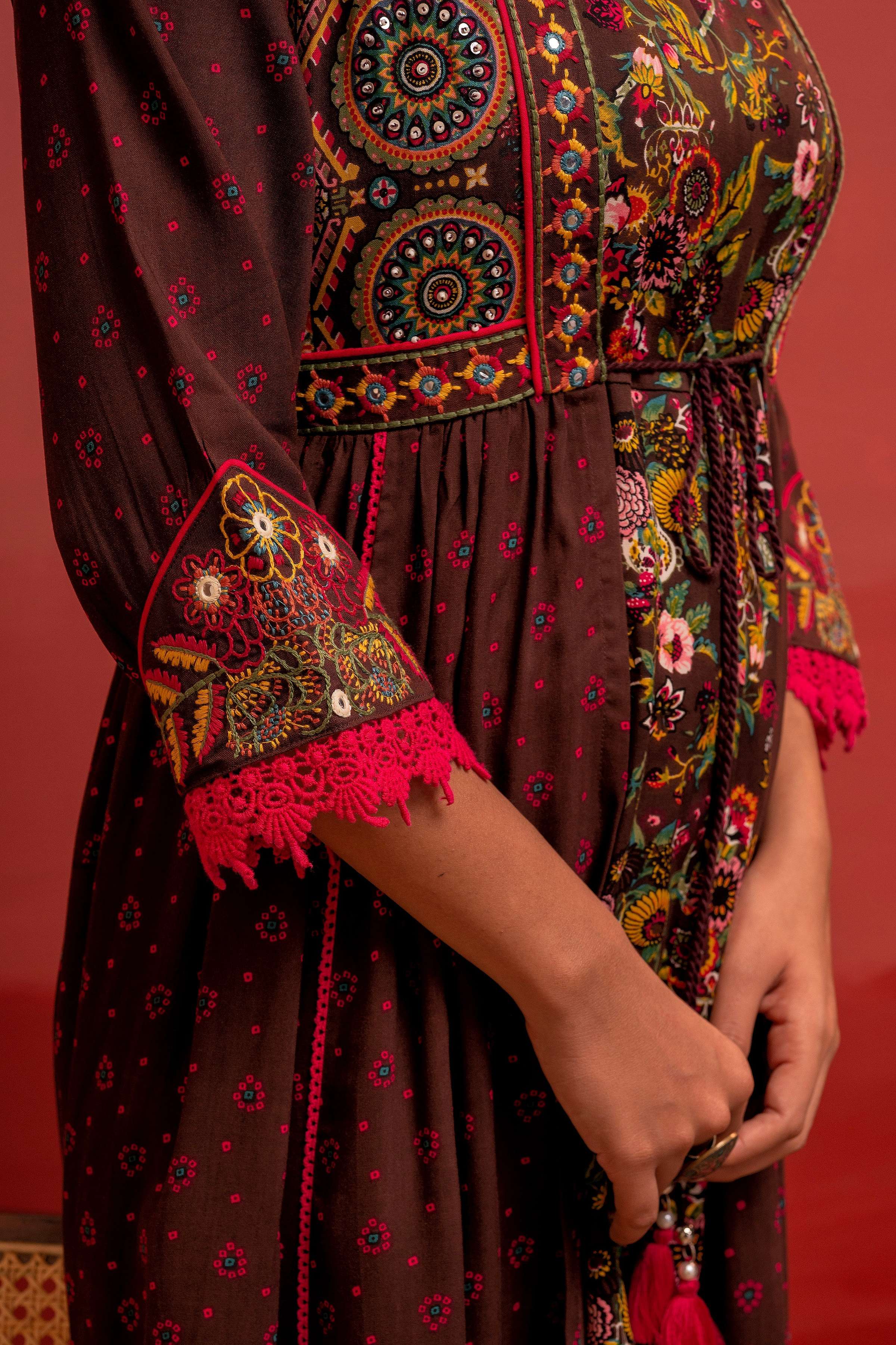 Juniper Viscose Brown Embroidered Long Dress And Shrug Set With Thread, Mirror Work & Beads | Grocsy