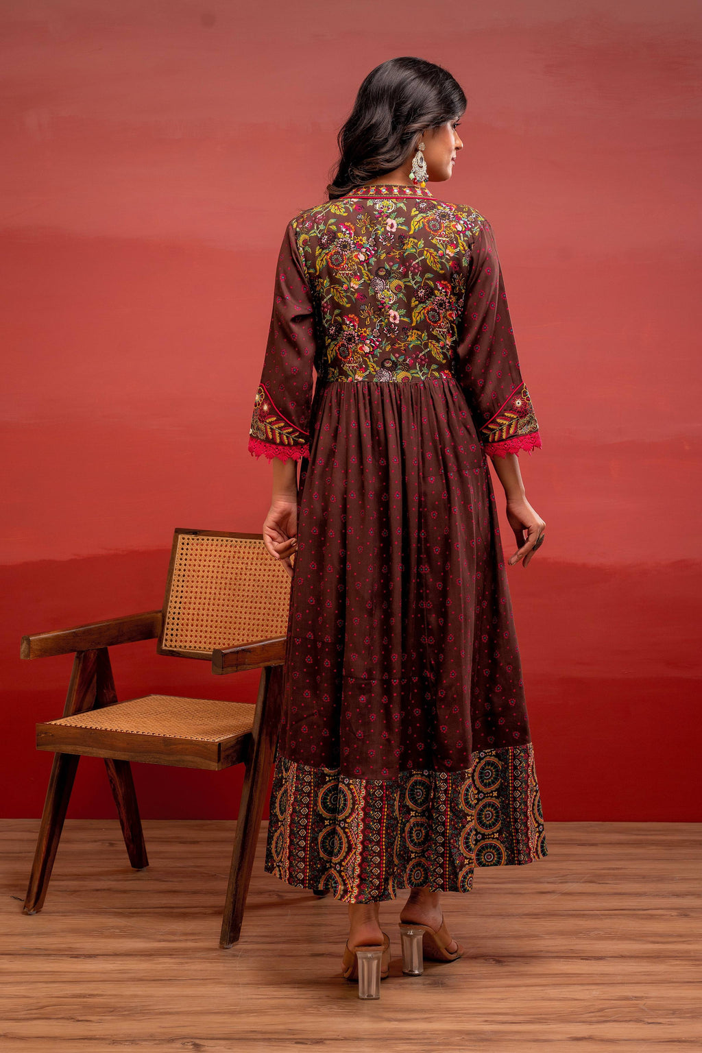 Juniper Viscose Brown Embroidered Long Dress And Shrug Set With Thread, Mirror Work & Beads | Grocsy