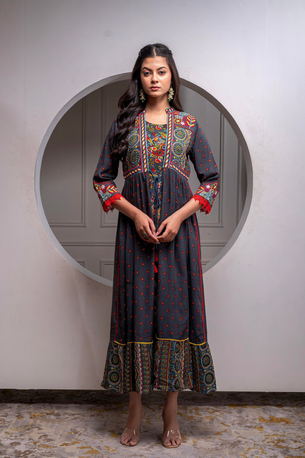 Juniper Viscose Grey Embroidered Long Dress And Shrug Set With Thread, Mirror Work & Beads | Grocsy