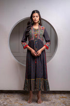 Juniper Viscose Grey Embroidered Long Dress And Shrug Set With Thread, Mirror Work & Beads | Grocsy