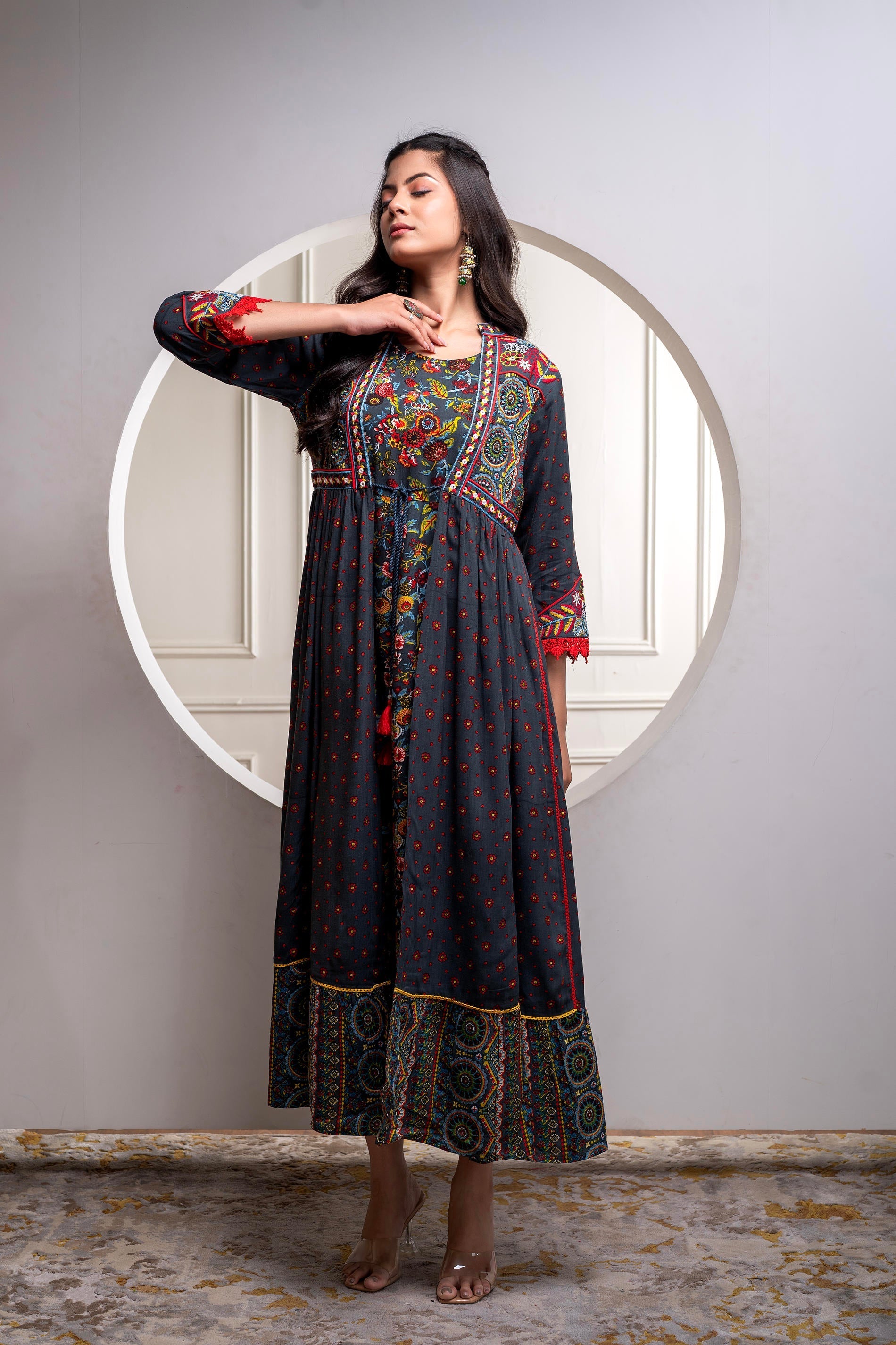 Juniper Viscose Grey Embroidered Long Dress And Shrug Set With Thread, Mirror Work & Beads | Grocsy