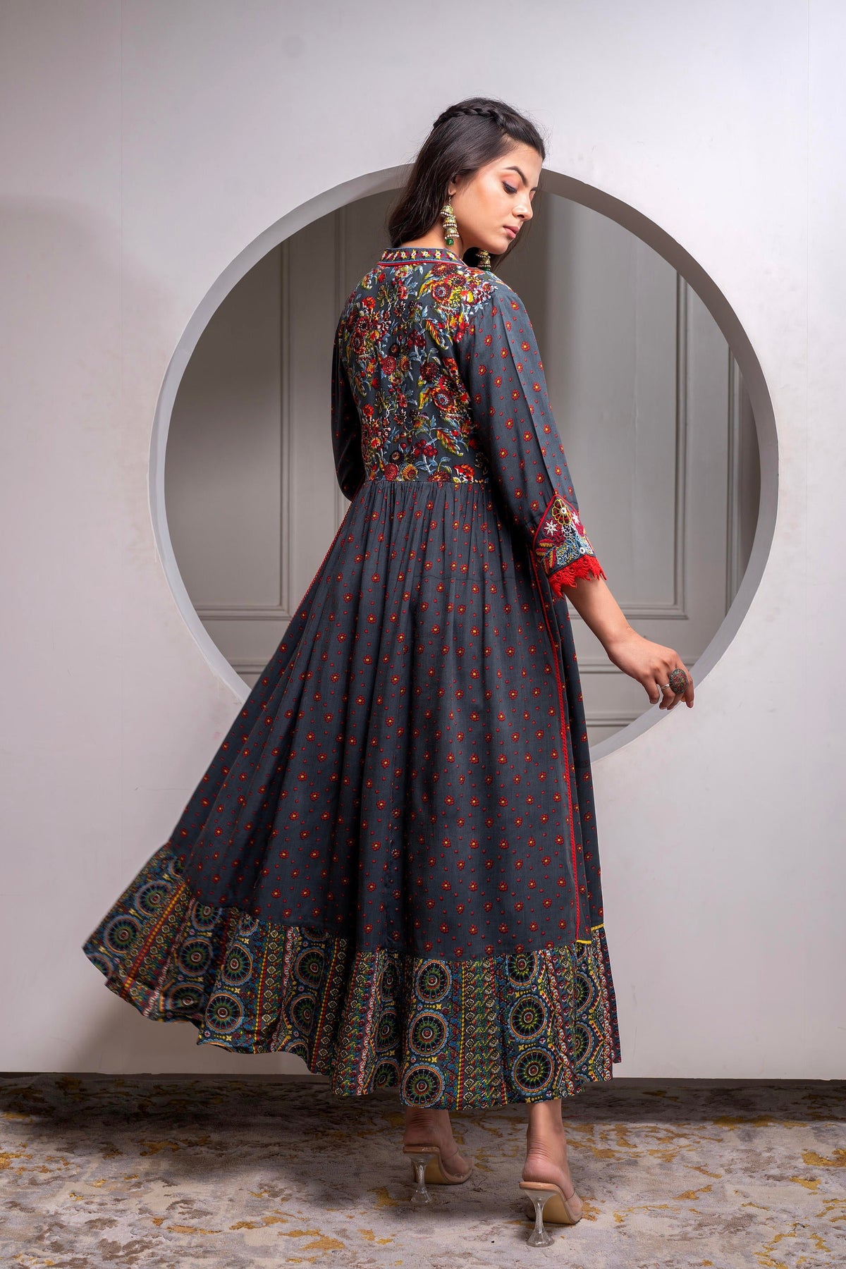 Juniper Viscose Grey Embroidered Long Dress And Shrug Set With Thread, Mirror Work & Beads | Grocsy