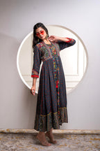 Juniper Viscose Grey Embroidered Long Dress And Shrug Set With Thread, Mirror Work & Beads | Grocsy