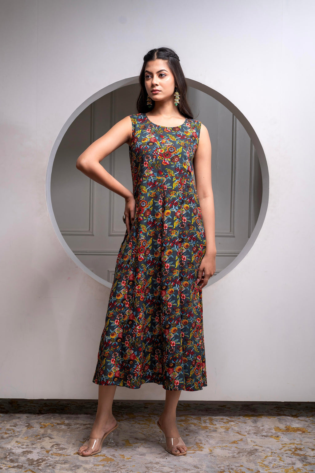 Juniper Viscose Grey Embroidered Long Dress And Shrug Set With Thread, Mirror Work & Beads | Grocsy