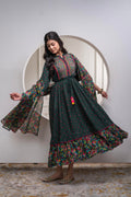 Juniper Bottle Green Floral Viscose Long Dress With Dupatta And Dori, Sequence & Lace Work | Grocsy
