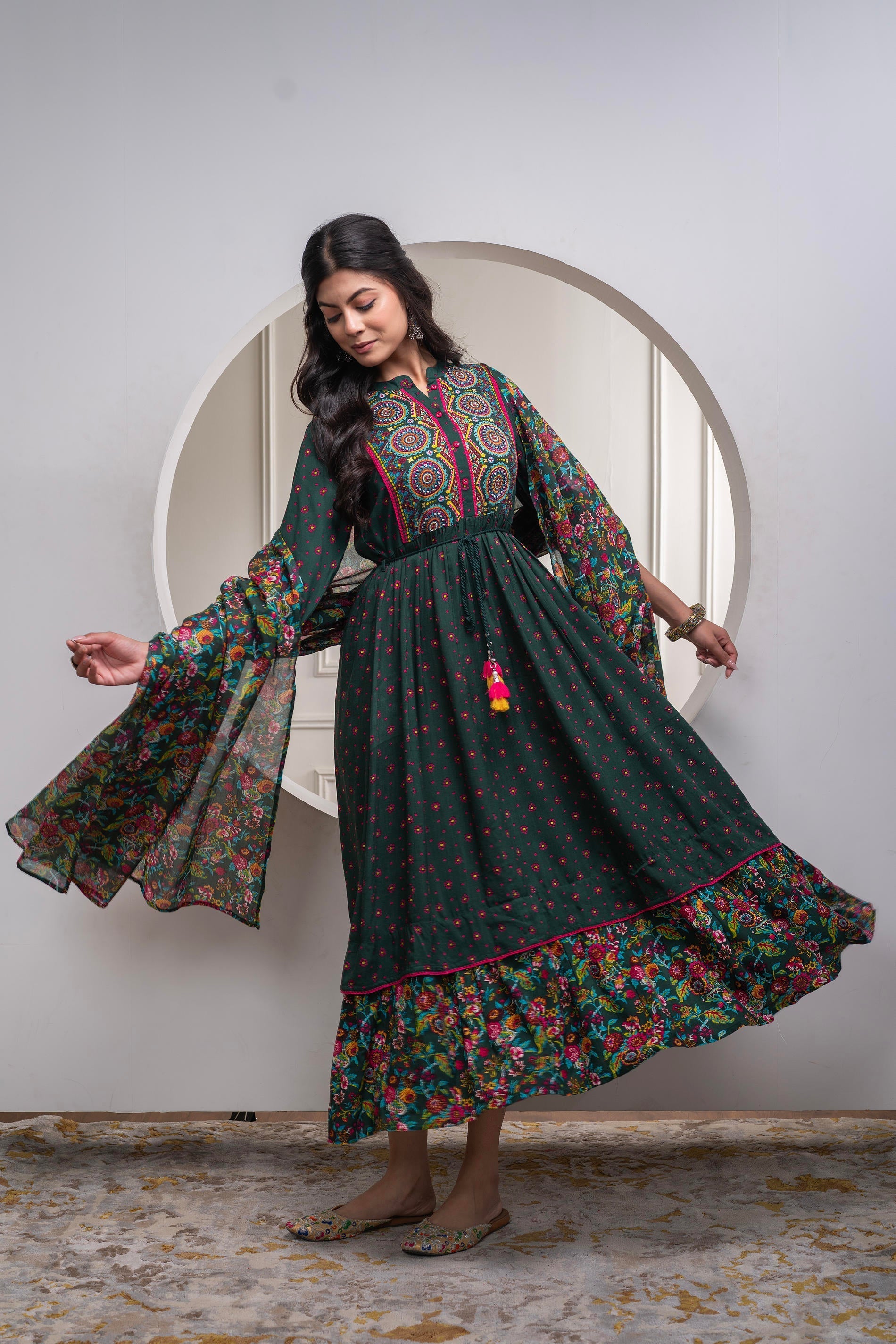 Juniper Bottle Green Floral Viscose Long Dress With Dupatta And Dori, Sequence & Lace Work | Grocsy